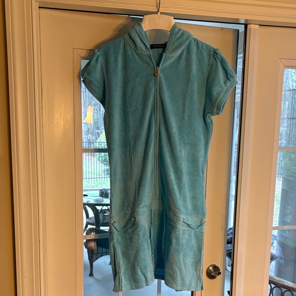 VENUS Cotton/Terry Aqua Zip-Up Hooded Short-Sleeve Coverup